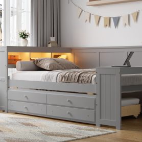 Full Size Daybed With Storage Shelves, Drawers, Trundle, Charging Station, LED Light, Desk And Cabinet