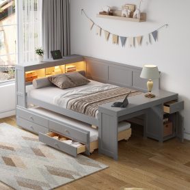 Full Size Daybed With Storage Shelves, Drawers, Trundle, Charging Station, LED Light, Desk And Cabinet