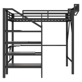 Metal Full Size Loft Bed With Foldable Desk,Light Strip, Staircase Storage And Charging Station
