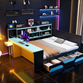 Queen Size Gaming Daybed with Integrated Desk and Lights