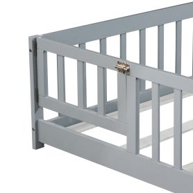 Rubber Wood Full Size Floor Bed With Fence, Door,  and Guardrails