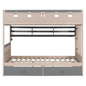 Full Size Castle Style Bunk Bed with 2 Drawers, Shelf and LED Light