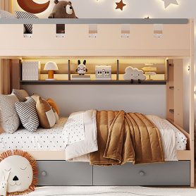 Full Size Castle Style Bunk Bed with 2 Drawers, Shelf and LED Light