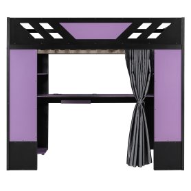 Full Size Wood Loft Bed with Shelves, Blackout Curtains and RGB Lights