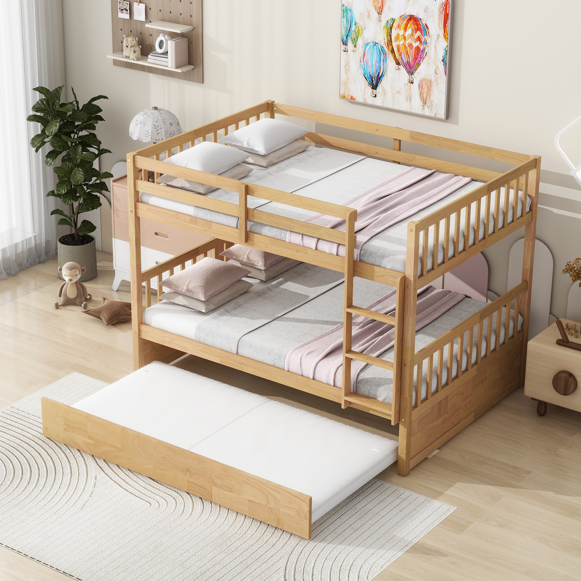 Full Over Full Rubber Wood Bunk Bed with Trundle, Ladder and Guardrails 14 Full Over Full Rubber Wood Bunk Bed with Trundle, Ladder and Guardrails