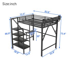 Metal Full Size Loft Bed With Foldable Desk,Light Strip, Staircase Storage And Charging Station