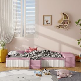 Twin Size Velvet Upholstered Daybed with Stairs & Gas Lift Storage Ottoman, Contrast Color, Padded Guardrails