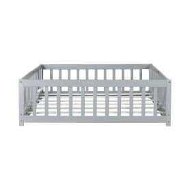 Rubber Wood Full Size Floor Bed With Fence, Door,  and Guardrails