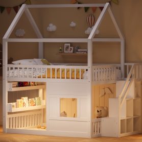 Full Size Wooden House Bed With Built-in LED Shelf Light