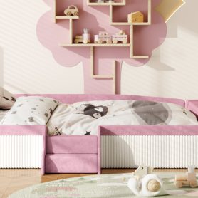 King Size Velvet Upholstered Daybed with Stairs & Gas Lift Storage Ottoman, Contrast Color, Padded Guardrails