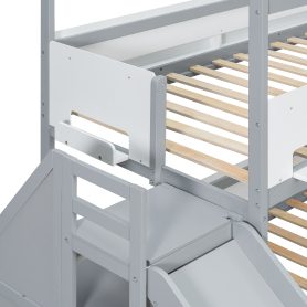 House-Shaped Wooden Bunk Bed with Slide & Storage Staircase