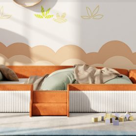 Queen Size Velvet Upholstered Daybed with Stairs & Gas Lift Storage Ottoman, Contrast Color, Padded Guardrails