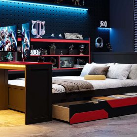 Full Size Gaming Daybed with Integrated Desk and Lights 56 Full Size Gaming Daybed with Integrated Desk and Lights