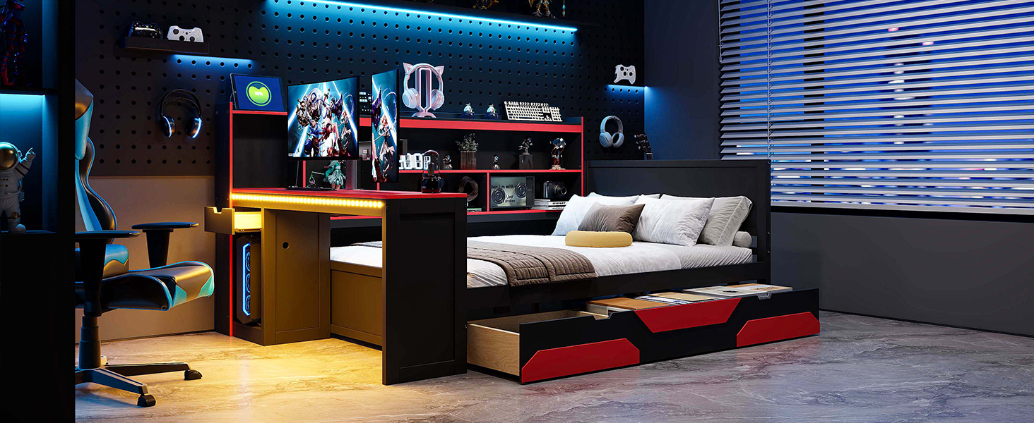 Full Size Gaming Daybed with Integrated Desk and Lights 29 Full Size Gaming Daybed with Integrated Desk and Lights