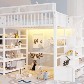 Metal Full Loft Bed with 4 Shelf Storage Rack and Charging Station