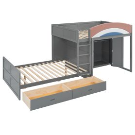 Full Size Offset Bunk Bed with Wardrobe & Drawers, Upholstered Guardrail, Built-in Hanging Rod