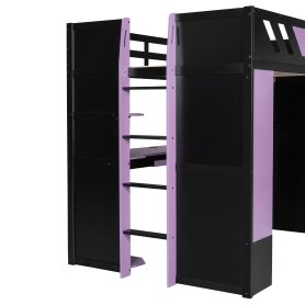 Full Size Wood Loft Bed with Shelves, Blackout Curtains and RGB Lights