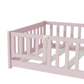 Twin Size Floor Bed with Fence, Door and Safety Guardrails