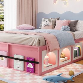 Queen Size Wooden Platform Bed with Bookshelf, Display Cabinet, LED Light and Drawer