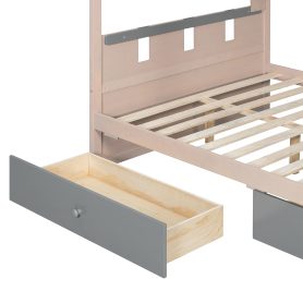 Full Size Castle Style Bunk Bed with 2 Drawers, Shelf and LED Light