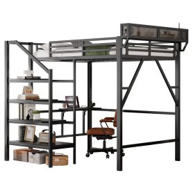 Metal Full Size Loft Bed With Foldable Desk,Light Strip, Staircase Storage And Charging Station