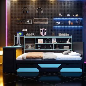 Queen Size Gaming Daybed with Integrated Desk and Lights