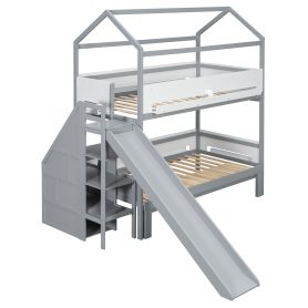 House-Shaped Wooden Bunk Bed with Slide & Storage Staircase