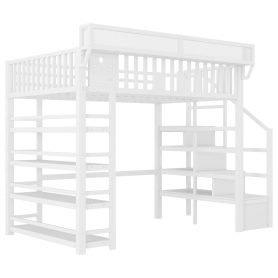 Metal Full Loft Bed with 4 Shelf Storage Rack and Charging Station