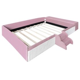 Full Size Velvet Upholstered Daybed with Stairs & Gas Lift Storage Ottoman, Contrast Color, Padded Guardrails