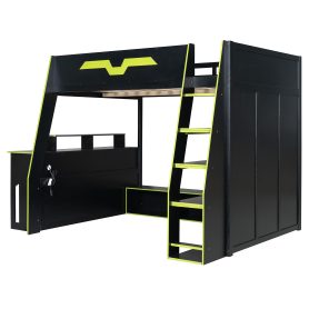 Full Size Wood Loft Bed with Desk, Multi-Storage Shelves and RGB Light