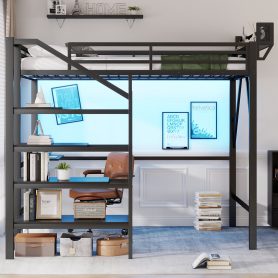 Metal Queen Size Loft Bed With Foldable Desk,Light Strip, Staircase Storage And Charging Station