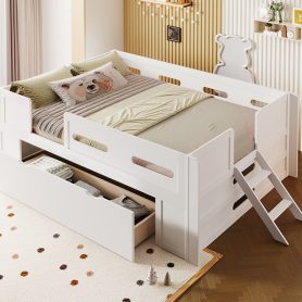 Wood Twin Size Platform Bed with Guardrail and Drawer