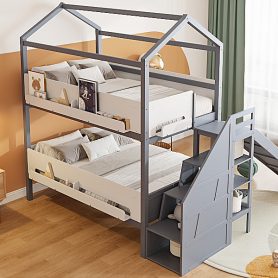 House-Shaped Wooden Bunk Bed with Slide & Storage Staircase