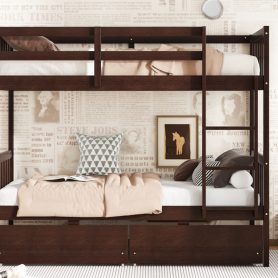 Twin Over Twin Rubber Wood Bunk Bed With 2 Drawers, Ladder And Safety Guardrails 48 Twin Over Twin Rubber Wood Bunk Bed With 2 Drawers, Ladder And Safety Guardrails