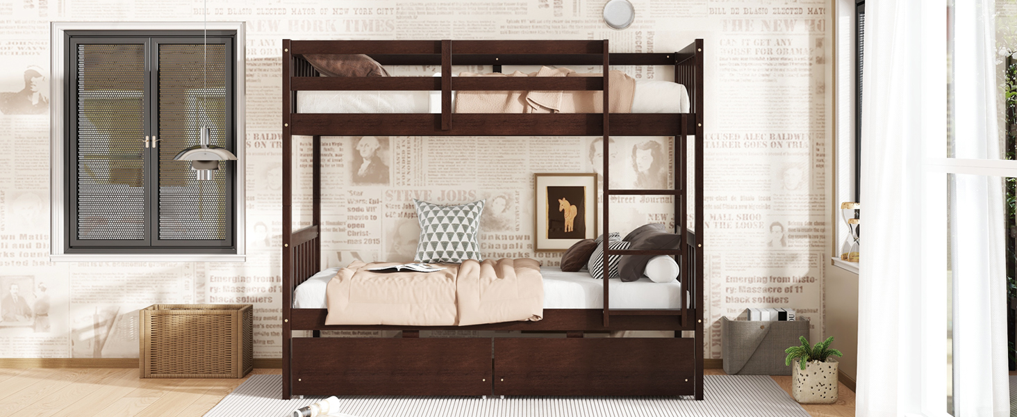 Twin Over Twin Rubber Wood Bunk Bed With 2 Drawers, Ladder And Safety Guardrails 21 Twin Over Twin Rubber Wood Bunk Bed With 2 Drawers, Ladder And Safety Guardrails