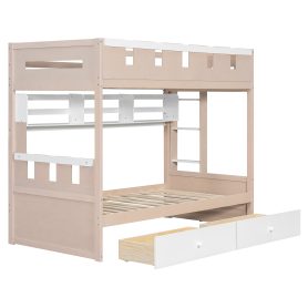 Twin Size Castle Style Bunk Bed with 2 Drawers, Shelf and LED Light
