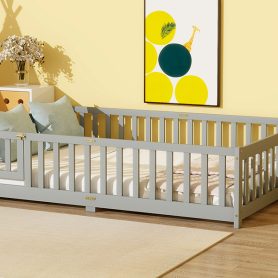 Rubber Wood Full Size Floor Bed With Fence, Door,  and Guardrails