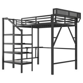 Metal Full Size Loft Bed With Foldable Desk,Light Strip, Staircase Storage And Charging Station