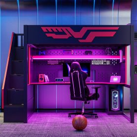 Gaming Loft Bed With Desk And Storage Staircase, LED Lights And USB