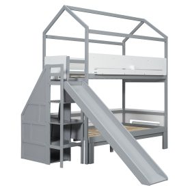 House-Shaped Wooden Bunk Bed with Slide & Storage Staircase