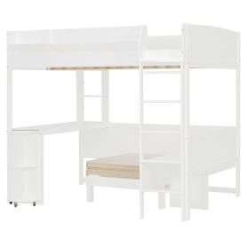 Full Size Wood Loft Bed with Desk, Bedside Storage Shelf, Sofa and Light