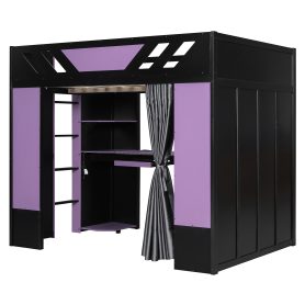 Full Size Wood Loft Bed with Shelves, Blackout Curtains and RGB Lights