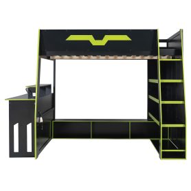 Full Size Wood Loft Bed with Desk, Multi-Storage Shelves and RGB Light