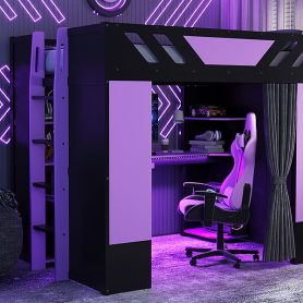 Full Size Wood Loft Bed with Shelves, Blackout Curtains and RGB Lights