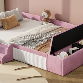 Full Size Velvet Upholstered Daybed with Stairs & Gas Lift Storage Ottoman, Contrast Color, Padded Guardrails