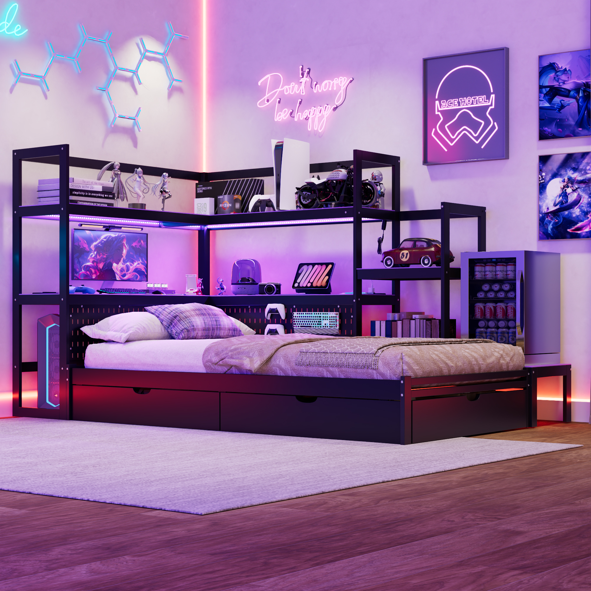 Twin Size Gaming Daybed with Integrated Desk and LED Light 12 Twin Size Gaming Daybed with Integrated Desk and LED Light