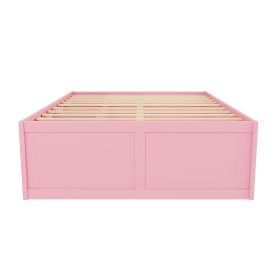 Queen Size Wooden Platform Bed with Bookshelf, Display Cabinet, LED Light and Drawer