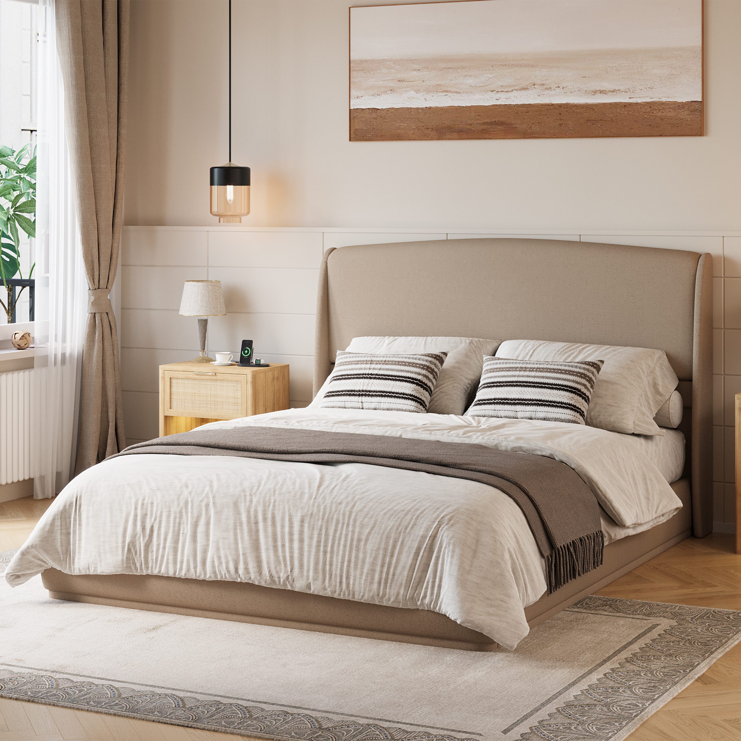 Upholstered Queen Bed Frame with Wingback Headboard