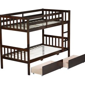 Twin Over Twin Rubber Wood Bunk Bed With 2 Drawers, Ladder And Safety Guardrails 35 Twin Over Twin Rubber Wood Bunk Bed With 2 Drawers, Ladder And Safety Guardrails