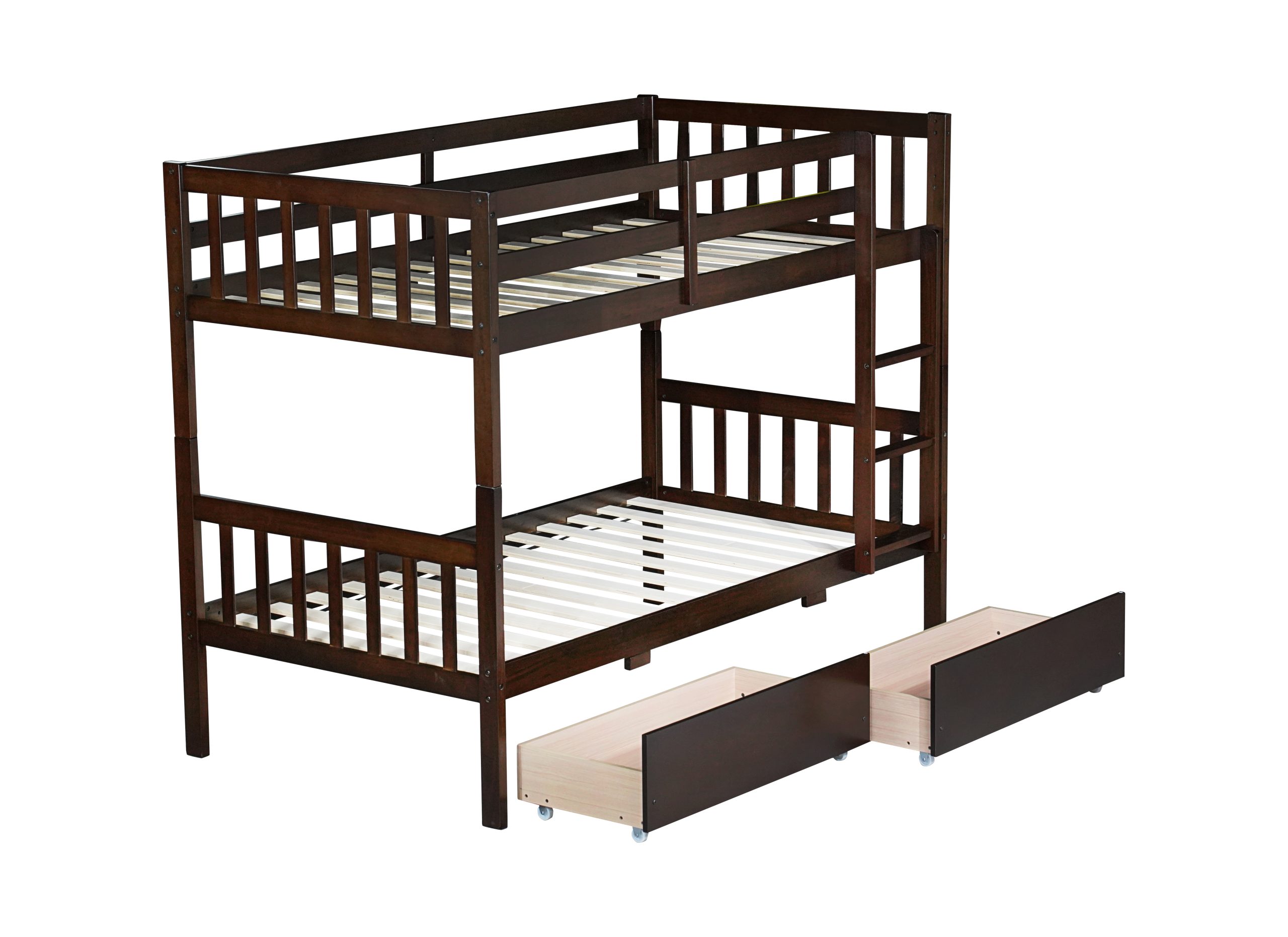 Twin Over Twin Rubber Wood Bunk Bed With 2 Drawers, Ladder And Safety Guardrails 8 Twin Over Twin Rubber Wood Bunk Bed With 2 Drawers, Ladder And Safety Guardrails